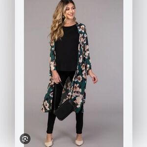 Pinkblush Green Floral Chiffon Long Kimono Size Small